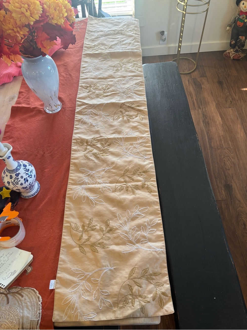 Beige Embroidered Leaf Dining Table Runner